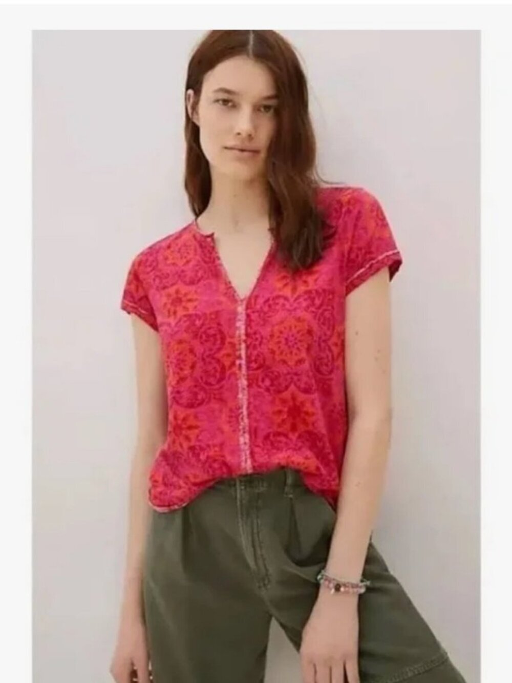 Pilcro Floral Boho Short Sleeve Shirt in Pink/Orange S